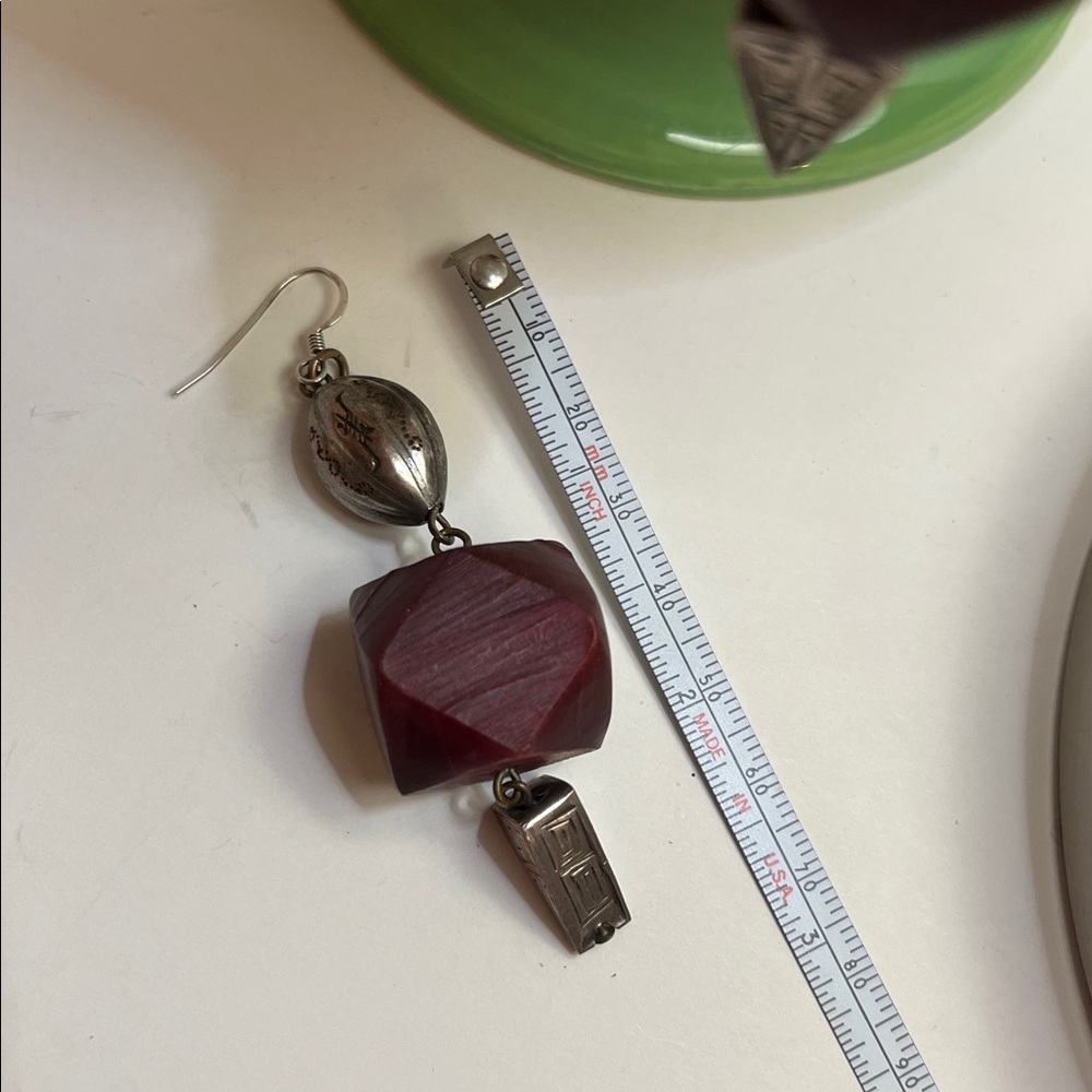 Vintage Silver and Deep Red Wood Earrings - Picture 7 of 10